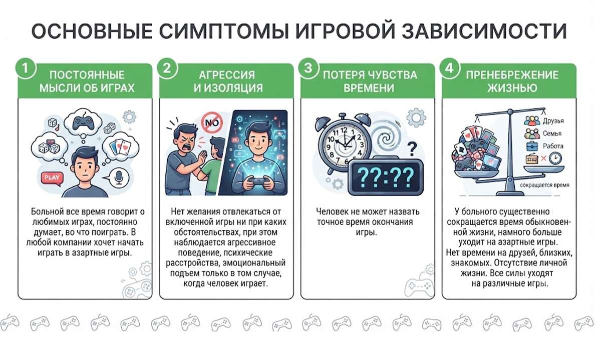 Инфографика: 4 основных симптома игровой зависимости: постоянные мысли об играх, агрессия и изоляция, потеря чувства времени, пренебрежение реальной жизнью.