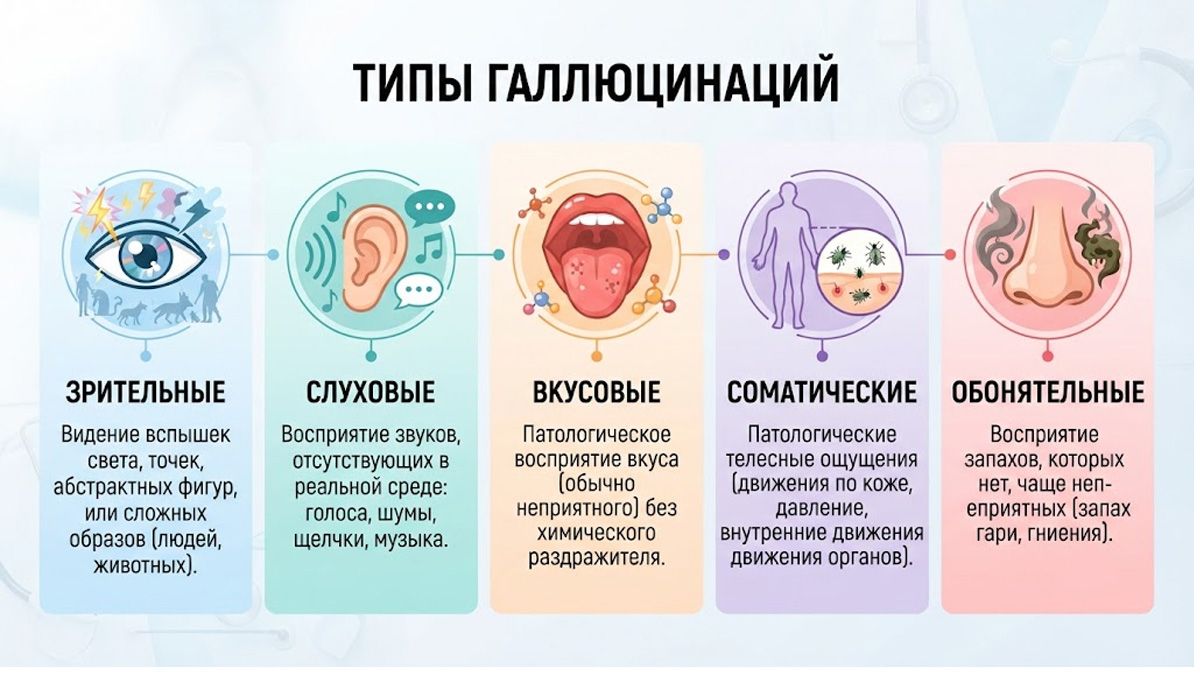 Инфографика: типы галлюцинаций — зрительные, слуховые, вкусовые, соматические и обонятельные.